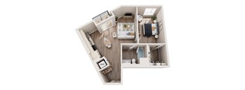 A top-down view of a small apartment with a bedroom, living room, and bathroom.