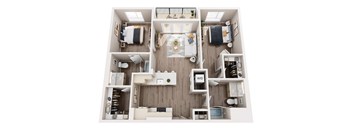 A top-down view of a small apartment with a bedroom, living room, kitchen, and bathroom.