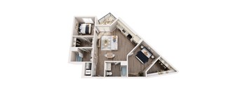 A top-down view of a small apartment layout with a kitchen, living room, and bedroom.