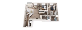 A 3D floor plan of a house with a living room, kitchen, dining room, and bedrooms.