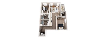 A top down view of a small apartment with a kitchen, living room, and bedroom.