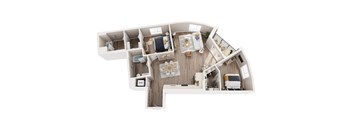 A plan of a house with a kitchen, living room, and bedrooms.