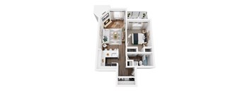 A white model of a house with a kitchen, living room, and bathroom.