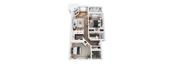 A top-down view of a small apartment with a kitchen, living room, and bedroom.