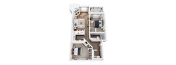 A top down view of a small apartment with a kitchen, living room, and bedroom.