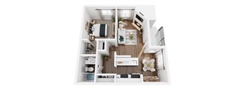 A top-down view of a well-organized, modern apartment with a kitchen, living room, and bedroom.