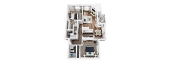 A white model of a house with a kitchen, living room, and two bedrooms.