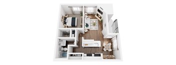 A top-down view of a small, well-organized apartment with a kitchen, living room, and bedroom.
