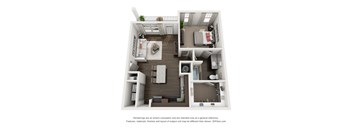 A 3D floor plan of a small apartment with a kitchen, living room, and bedroom.