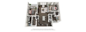 A 3D floor plan of a small apartment with a kitchen, living room, and bedrooms.