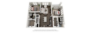 A 3D floor plan of a house with a kitchen, living room, dining room, and two bedrooms.