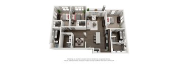 A 3D floor plan of a house with a kitchen, living room, and bedrooms.
