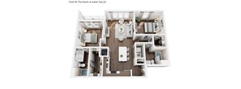 A top-down view of a small, well-organized apartment with a kitchen, living room, and bedroom.