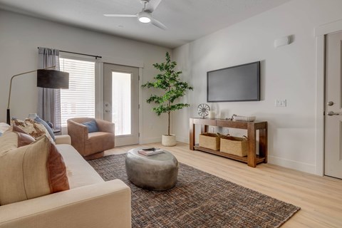 A living room with a couch, a chair, a coffee table, a television, and a plant.