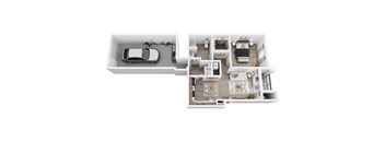 A top down view of a small apartment with a car parked in the garage.
