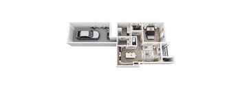 A top down view of a house with a car parked in the driveway.