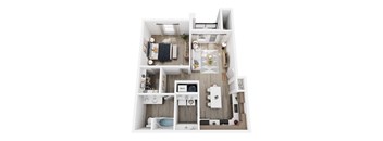 A top-down view of a small, neatly organized apartment with a kitchen, living room, and bathroom.