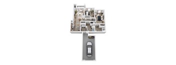 A top down view of a house with a car parked in the driveway.