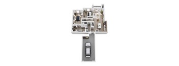 A top down view of a house with a car parked in the driveway.