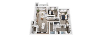 A top-down view of a small apartment with a kitchen, living room, and bathroom.