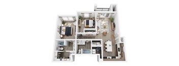 A top-down view of a modern apartment layout with a kitchen, living room, and bathrooms.