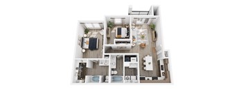 A top-down view of a modern, minimalist apartment with a living room, kitchen, and bathroom.