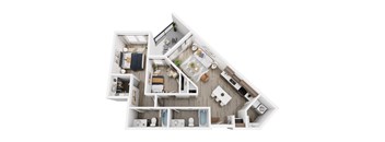 A top down view of a small apartment with a kitchen, living room, and bathroom.