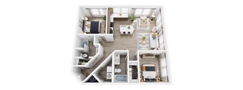 A top-down view of a well-organized apartment with a kitchen, living room, and bathroom.