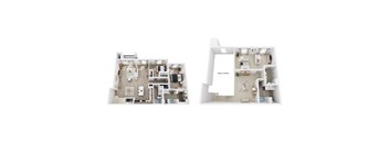 A diagram of a house with two different layouts, one with an open floor plan and one with separate rooms.