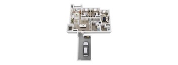 A top down view of a house with a car parked in the driveway.