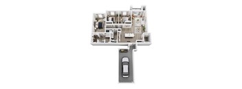 A top-down view of a house with a car parked in the driveway.