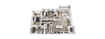 A top-down view of a modern apartment layout with two bedrooms, a living area, and a kitchen.