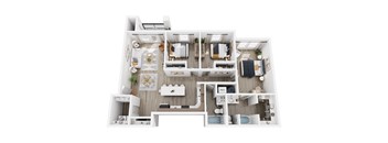 A top-down view of a modern apartment layout with a kitchen, living room, and bedrooms.