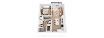 A 3D rendered image of a modern apartment.