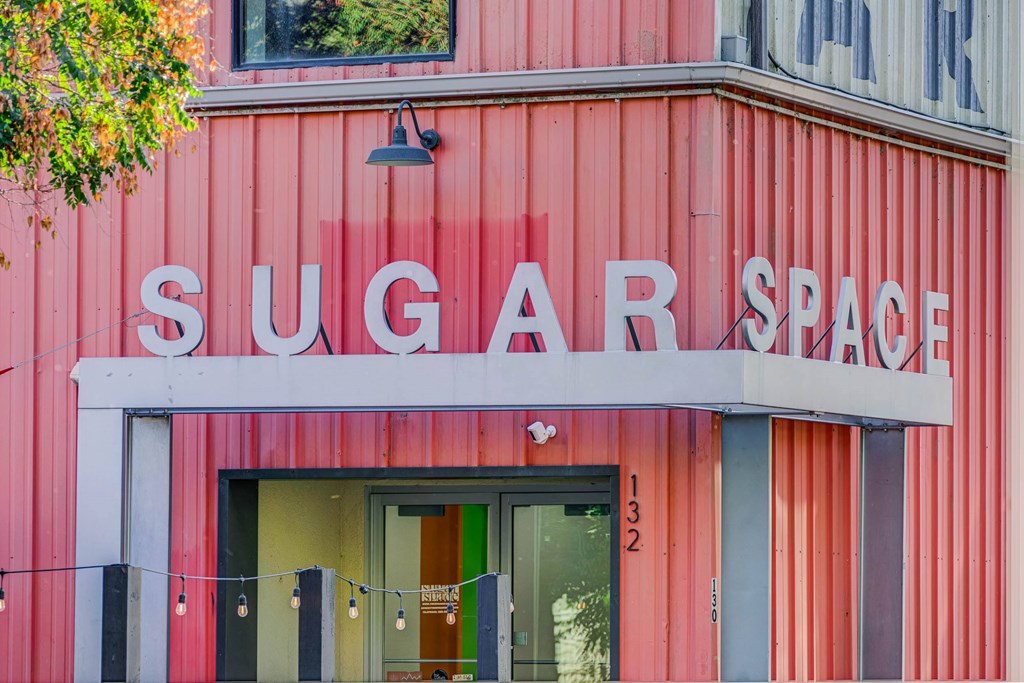 A red building with the words