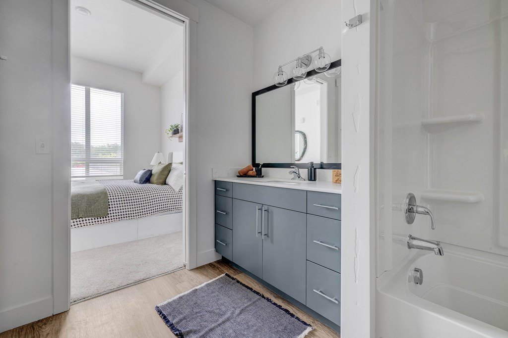 A bathroom with a grey cabinet and a purple rug.