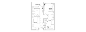 A floor plan of a home with a living room, dining room, kitchen, bathroom, bedroom and walk-in closet.