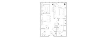 A floor plan of a small apartment with a living room, kitchen, bathroom, and bedroom.