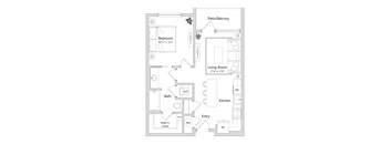 A floor plan of a small apartment with a living room, kitchen, bathroom, bedroom and closet.
