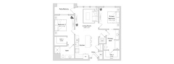 A floor plan of a house with a living room, two bedrooms, a bathroom, a kitchen, and a walk-in closet.