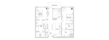 A floor plan of a home with a living room, two bedrooms, a kitchen, and a bathroom.