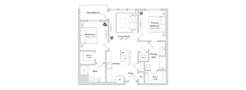 A floor plan of a house with a living room, two bedrooms, a bathroom, a kitchen, and a walk-in closet.
