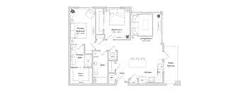 A floor plan of a house with a primary bedroom, a living room, a kitchen, a bathroom, and a patio/balcony.