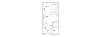 A floor plan of a small apartment with a living room, kitchen, bedroom and bathroom.