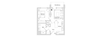 A floor plan of a home with a living room, dining room, kitchen, bathroom, bedroom and a patio/balcony.