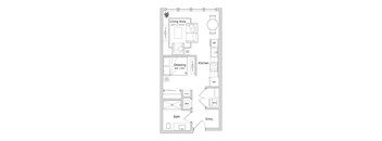 A floor plan of a small apartment with a living area, sleeping area, kitchen, bath, and entry.
