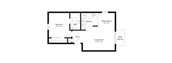 A floor plan of a home with a bedroom, bathroom, kitchen, dining room, living room, and a patio/balcony.