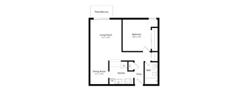 A floor plan of a small apartment with a living room, dining room, kitchen, bathroom and bedroom.