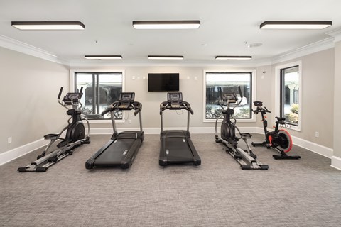 A spacious gym with treadmills, elliptical machines, and stationary bikes.