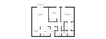 A floor plan of a home with a living room, dining room, kitchen, two bedrooms, and a bathroom.